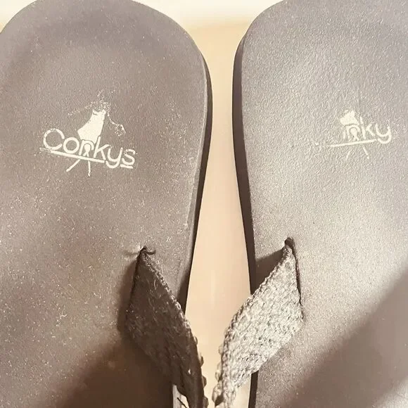 Corkys Madeline Flip Flop Clear Rhinestones On Black Fabric Straps Size 8 W/box - Picture 6 of 7